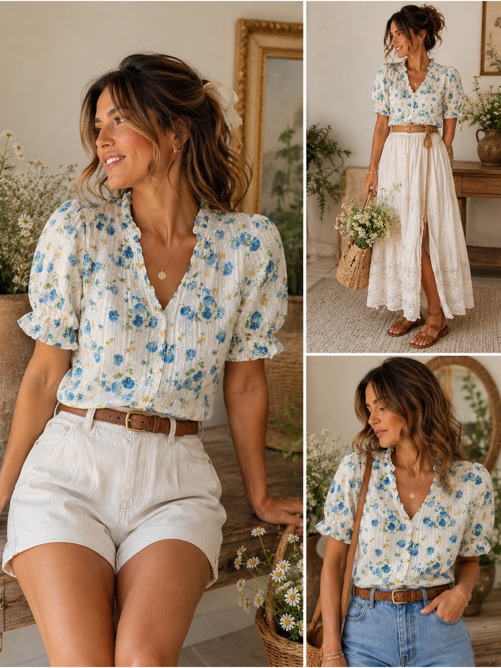 Nanette Lepore White Floral Puff-Sleeve V-Neck Blouse